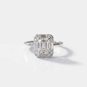 0.98Ct IGI Certified Emerald Cut Lab Grown Diamond Halo Ring, 14K White Gold Baguette & Round Accents, E Color VS2 Clarity Vintage Bridal Ring