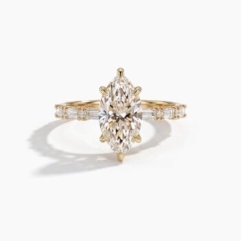 1.0-2.0Ct IGI Certified Marquise Cut Lab Grown Diamond Baguette Accent Ring, 14K Yellow Gold Art Deco Style Ring, F Color VS Clarity Unique Bridal Ring