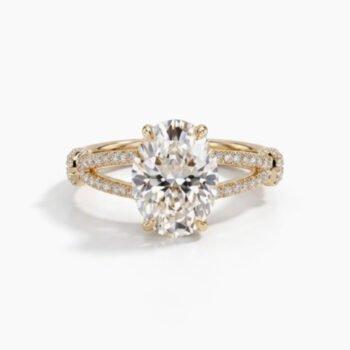 1.0-5.0Ct IGI Certified Oval Cut Lab Grown Diamond Split Shank Ring, 14K Yellow Gold Pave Cathedral Ring, F Color VS Clarity Statement Bridal Ring