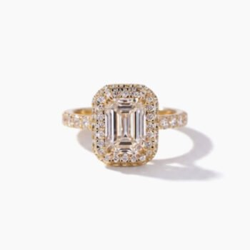 1.0-2.0Ct IGI Certified Emerald Cut Lab Grown Diamond Halo Engagement Ring, 14K Yellow Gold Pave Band, F Color VS1 Clarity Classic Bridal Ring