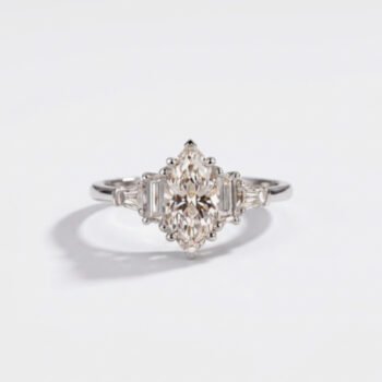 1.0-2.0Ct IGI Certified Marquise Cut Lab Grown Diamond Five Stone Ring, 14K White Gold Trapezoid & Baguette Accents, F Color VS Clarity Art Deco Bridal Ring
