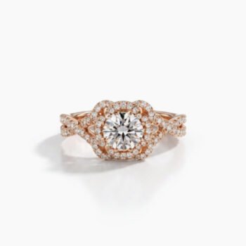 1.0-2.0Ct Certified Jubilee Cut Lab Grown Diamond Double Halo Ring, 14K Rose Gold Twisted Infinity Band, F Color VS Clarity Unique Bridal Ring