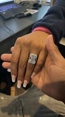 Click to view full screen Emerald Cut Aqua Ring 5.80ct Lab Created Aquamarine Halo Ring, Art Deco Statement Ring, Ruby Accent Silver Ring photo review