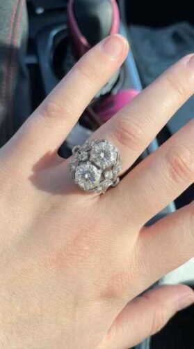 Click to view full screen Double Stone Moissanite Ring, Vintage Cluster Engagement Ring, Two Stone Floral Halo Ring, Statement Art Deco Ring, 925 Silver photo review